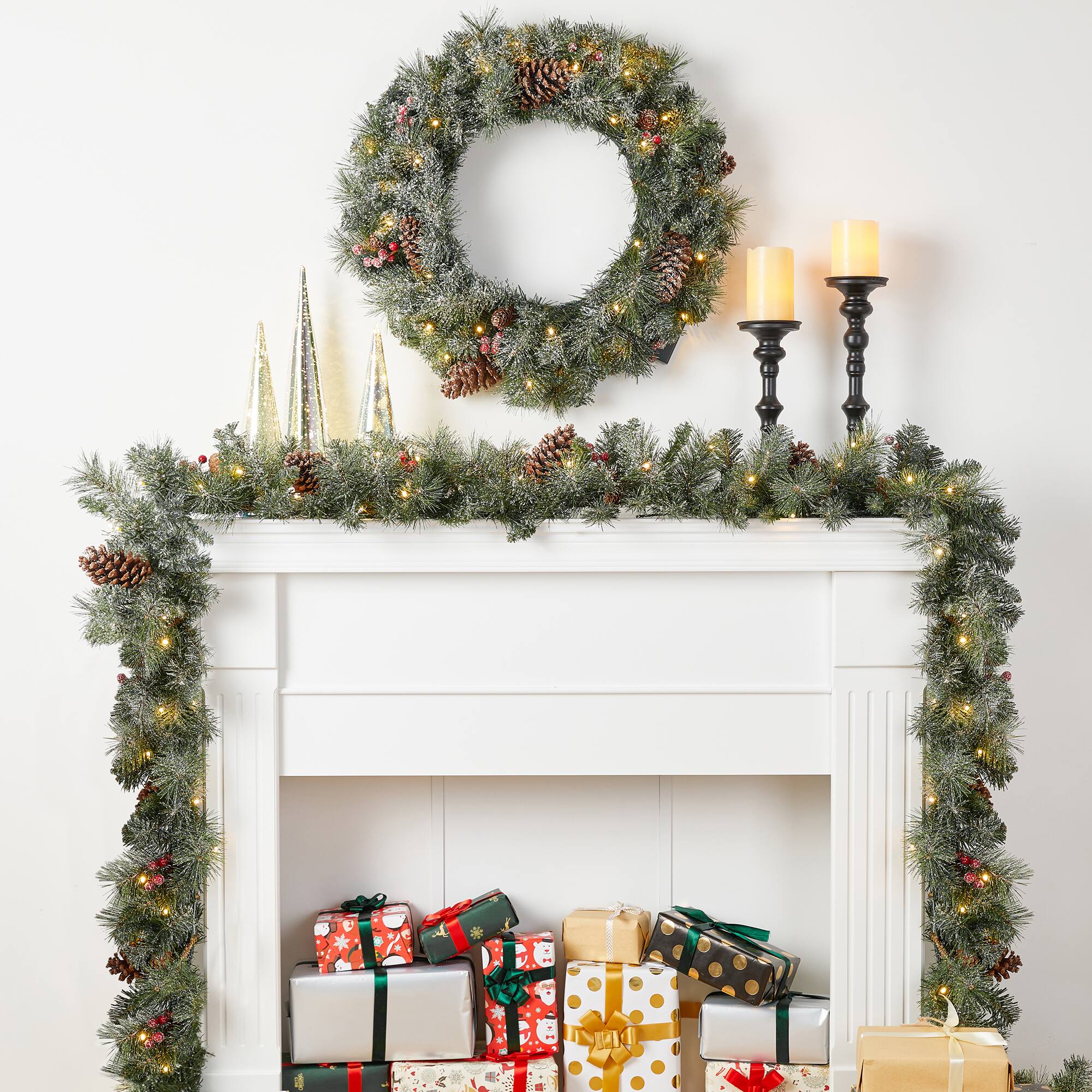 Glitzhome® 24" Pre-Lit Glittered Pinecone Christmas Wreath & Matched 9ft. Garlands Set